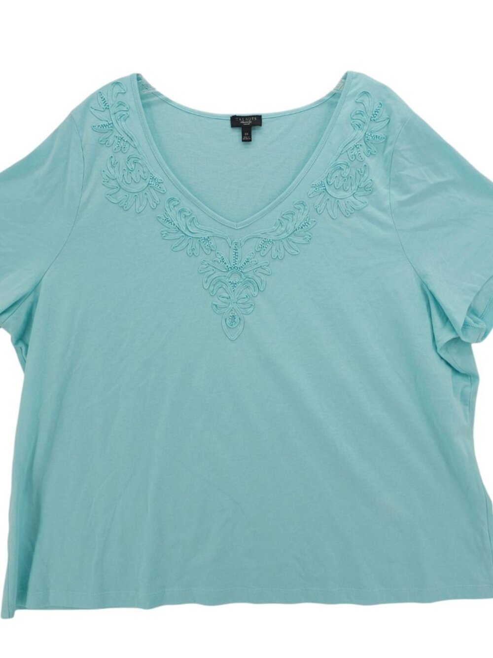 TALBOTS Blue Tee V-Neck Embellished Beaded 100% Cotton Size 3X